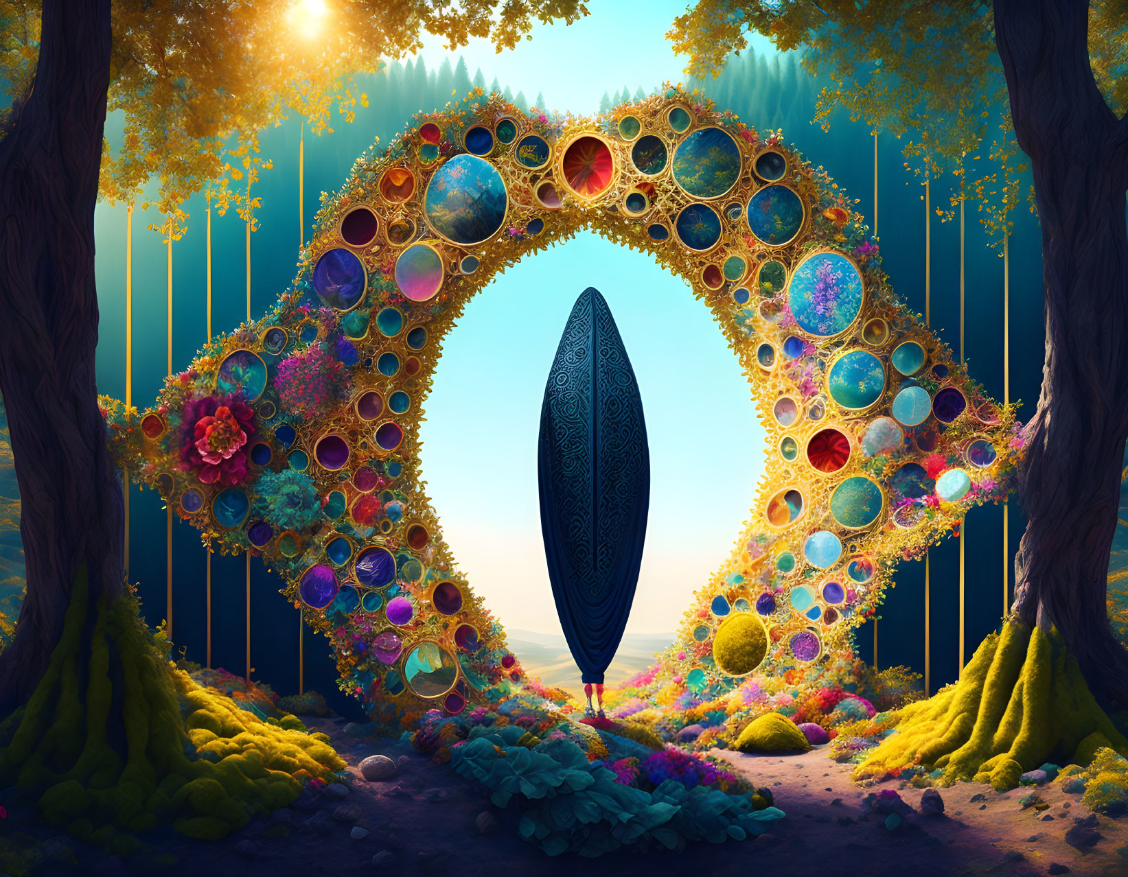 Colorful orb-adorned archway in mystical forest with golden-lit monolith