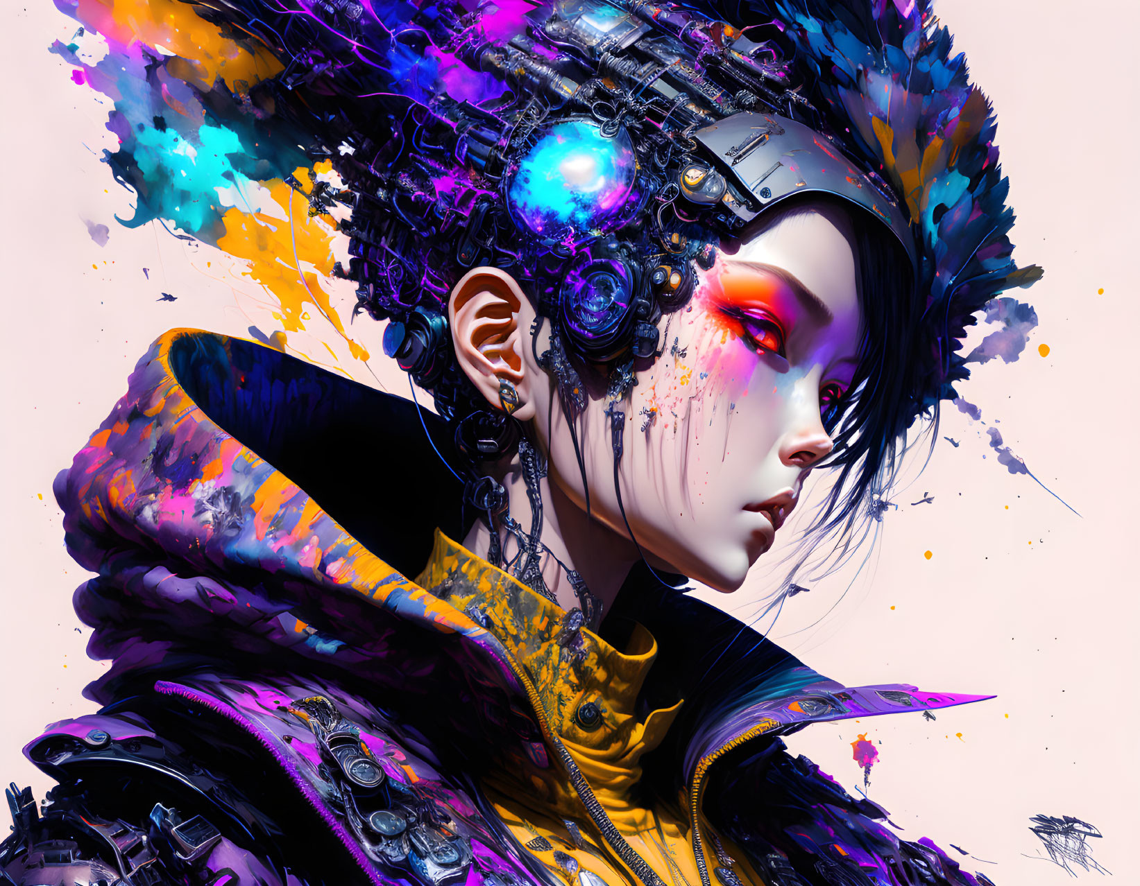 Female Figure with Cybernetic Enhancements and Colorful Aura