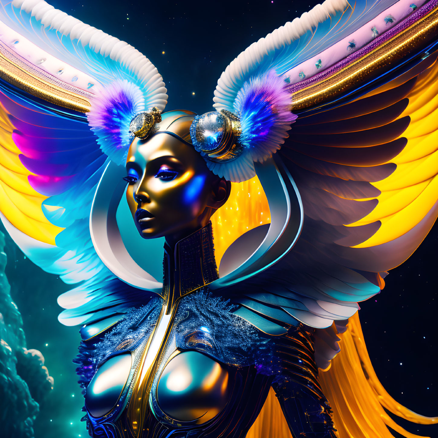 Colorful digital artwork of majestic figure with golden wings, blue skin, ornate headdress, and