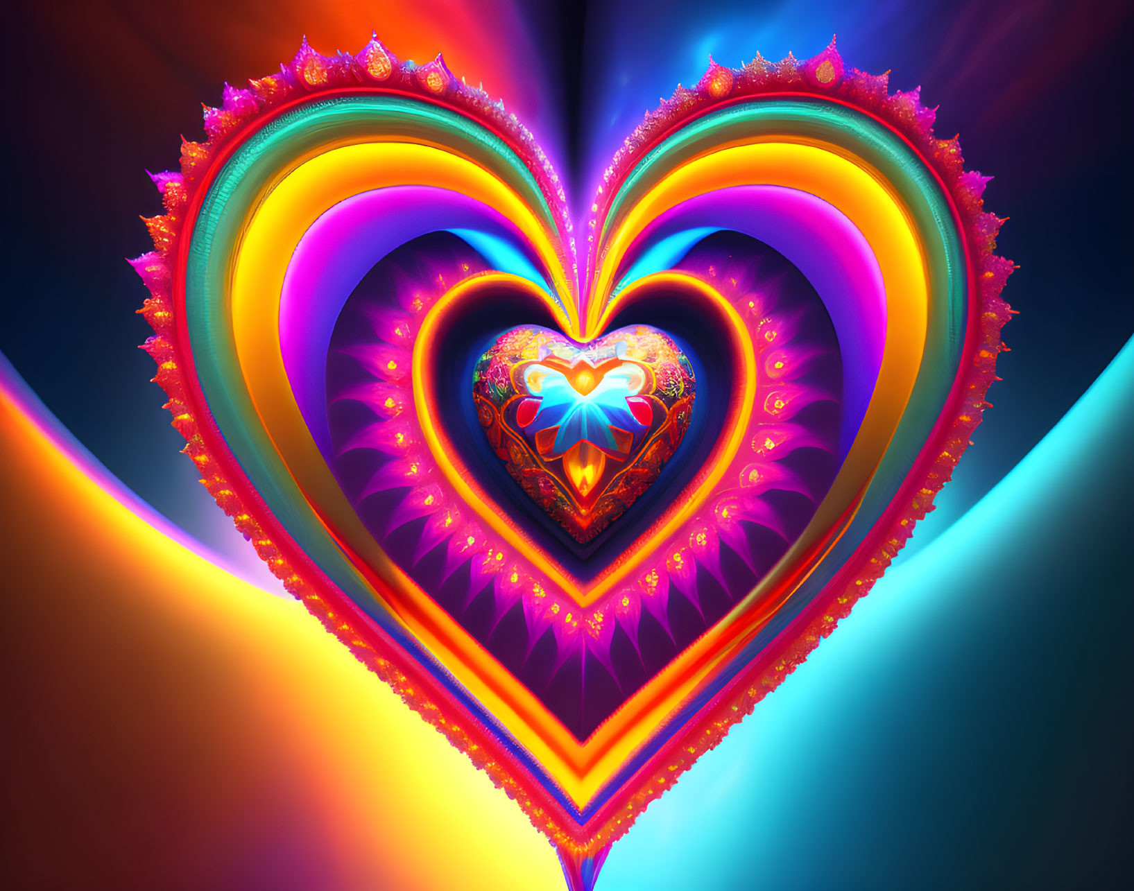 Colorful Digital Art: Multi-Layered Heart on Neon Background