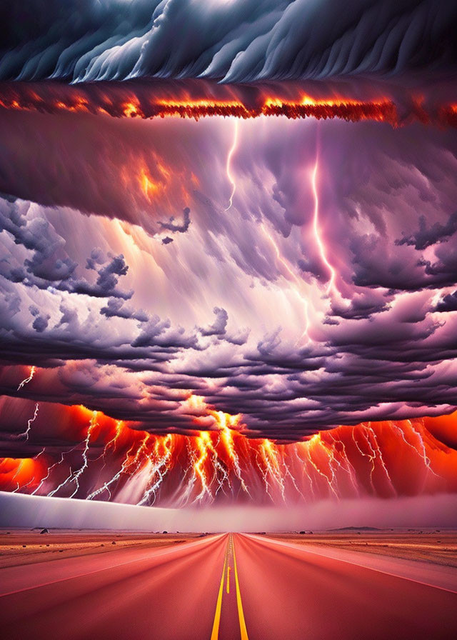 Vibrant red road leading to colossal storm with dark clouds and lightning