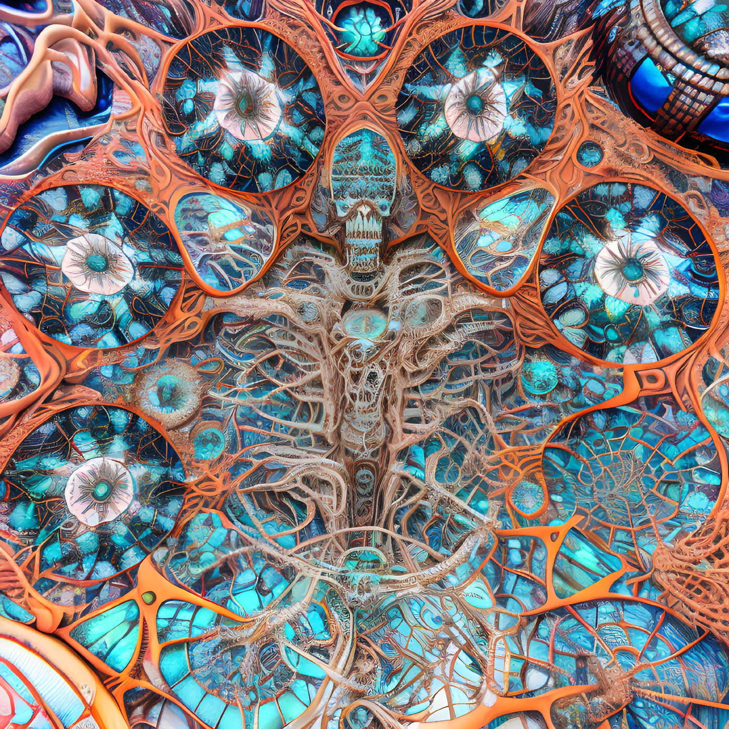 Detailed Fractal Image with Skull Center and Symmetrical Patterns in Blue and Orange