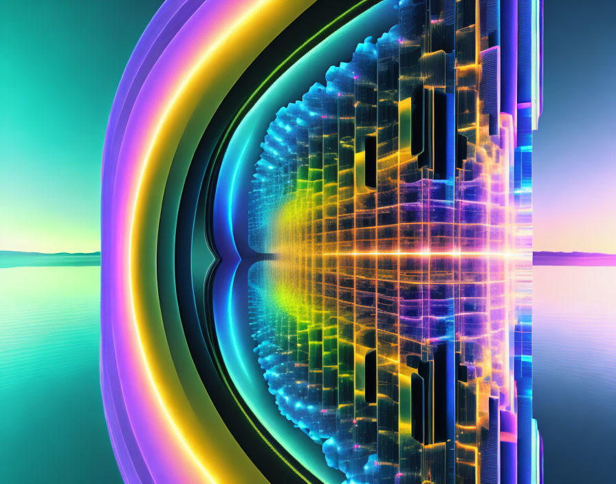 Futuristic neon lines circular portal cityscape silhouette tranquil water.