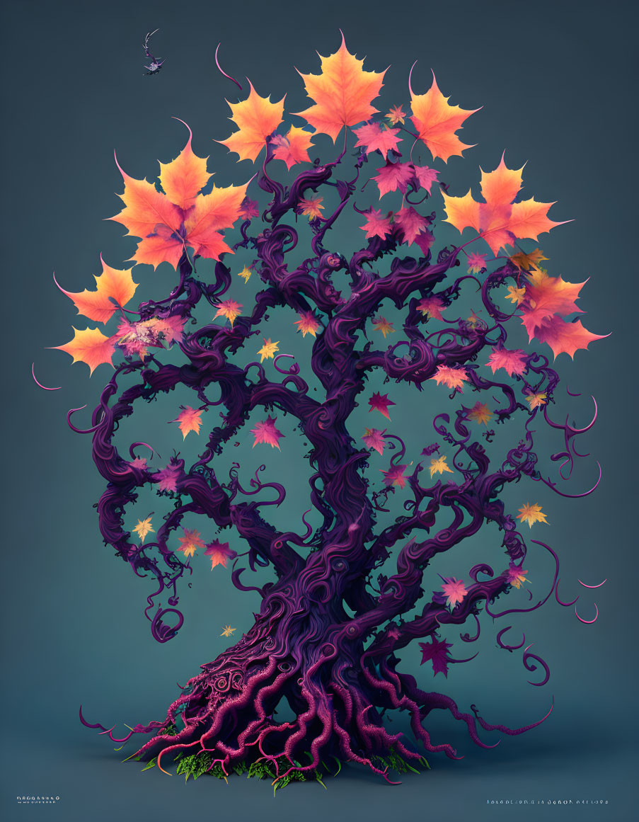 Vibrant fantasy illustration of a colorful tree on teal background