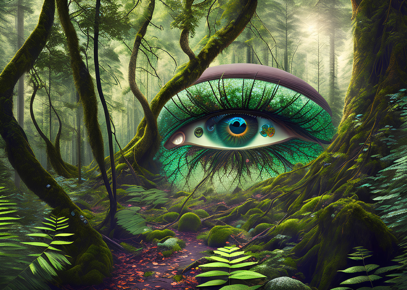 Vibrant giant eye in surreal forest landscape