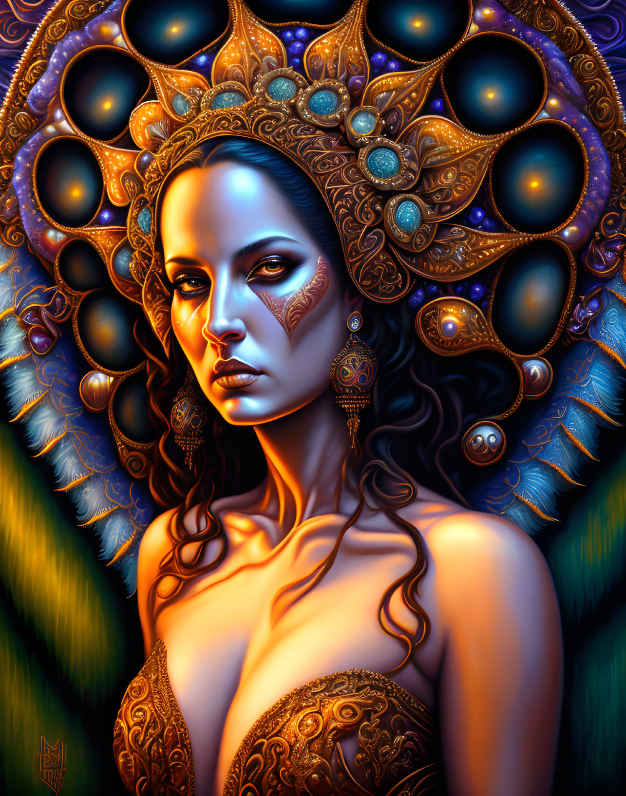 Stylized portrait of a woman with cosmic-themed jewelry and gold adornments