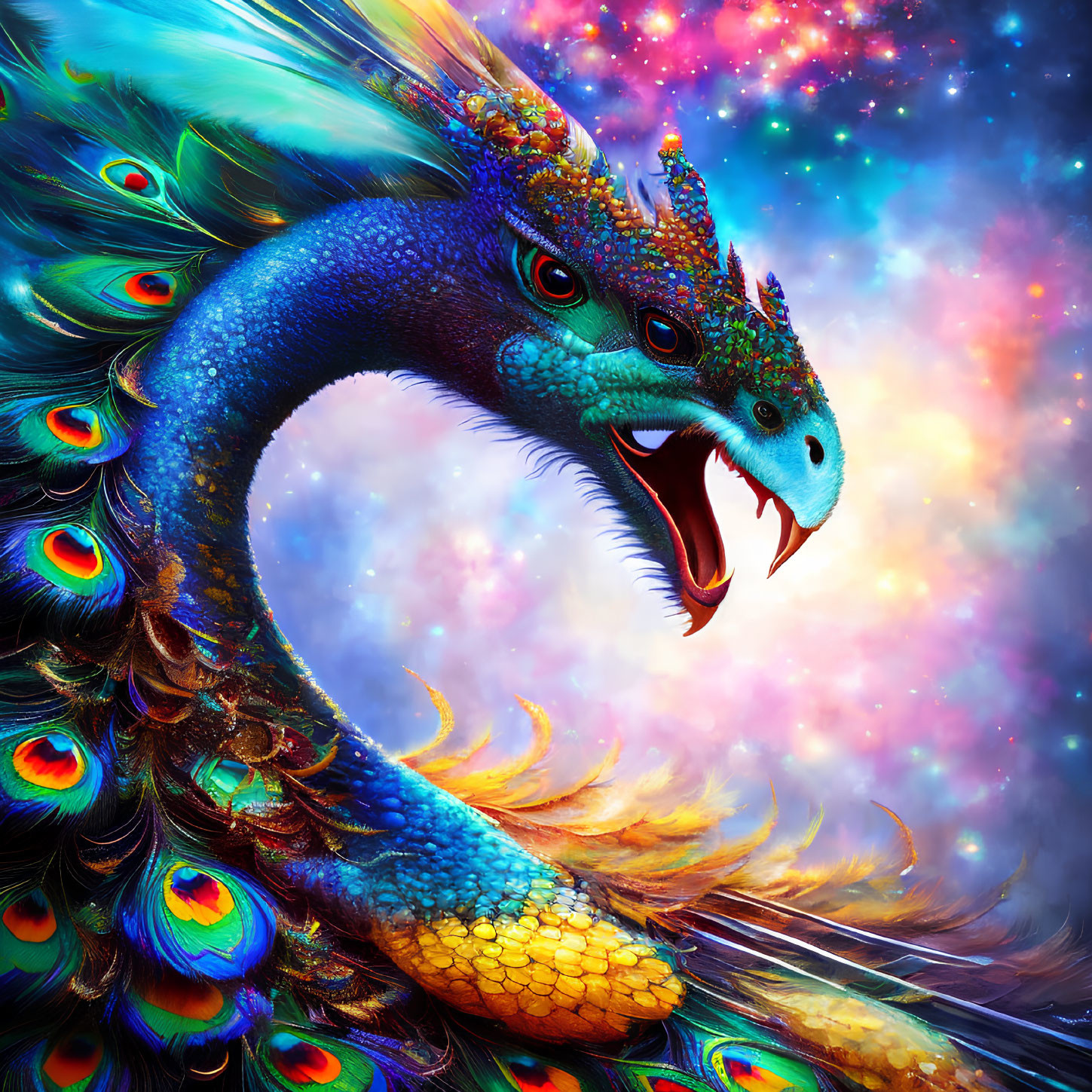 Colorful Dragon Artwork with Peacock Feather-Like Scales on Cosmic Background