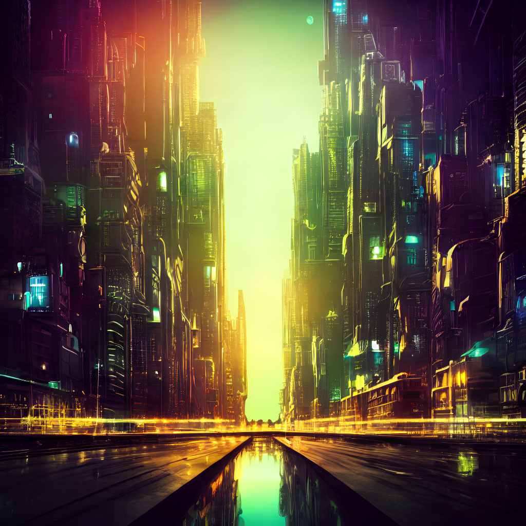 Futuristic cityscape with towering skyscrapers and neon lights