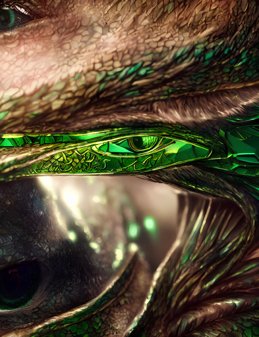 Detailed close-up of green reptile-like eye textures and patterns on skin.