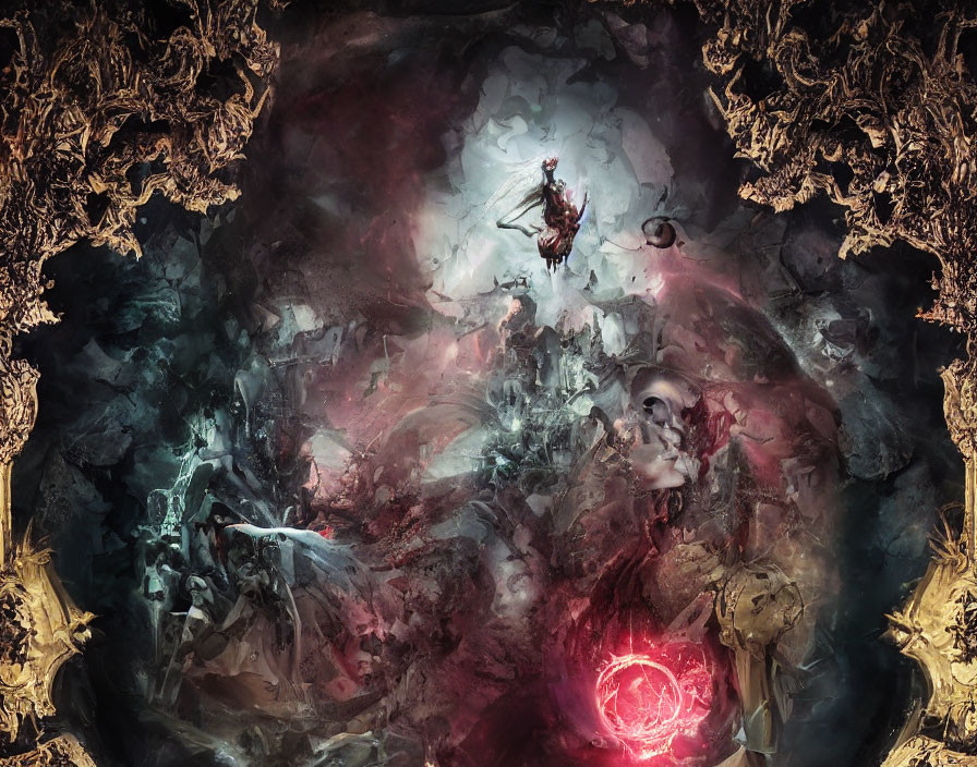 Mystical dark art with central figure, skulls, and red accents