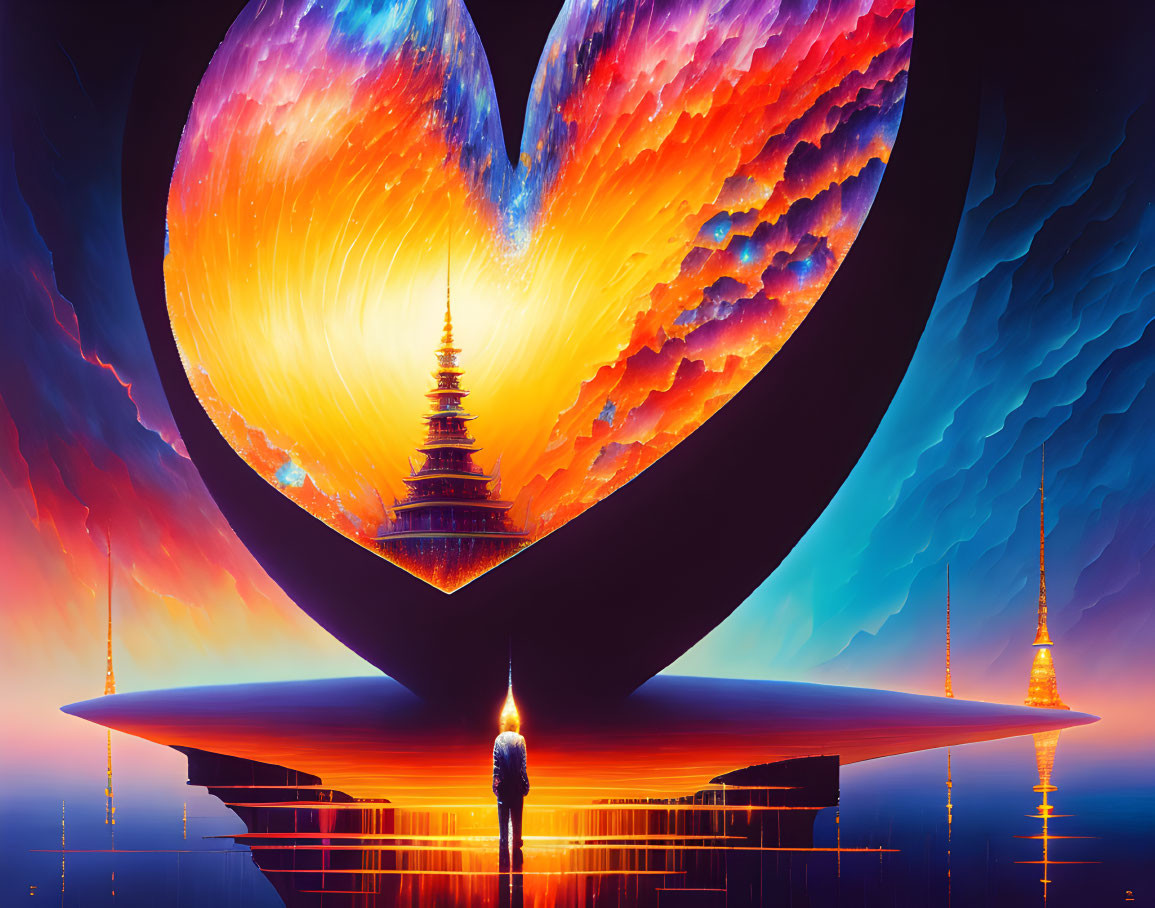 Person standing before heart-shaped portal with pagoda and modern tower in vibrant sky reflected below