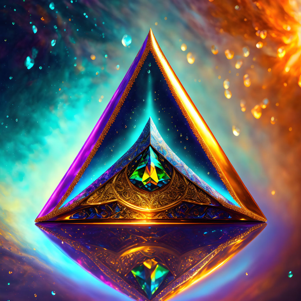 Colorful digital pyramid with intricate patterns and cosmic background