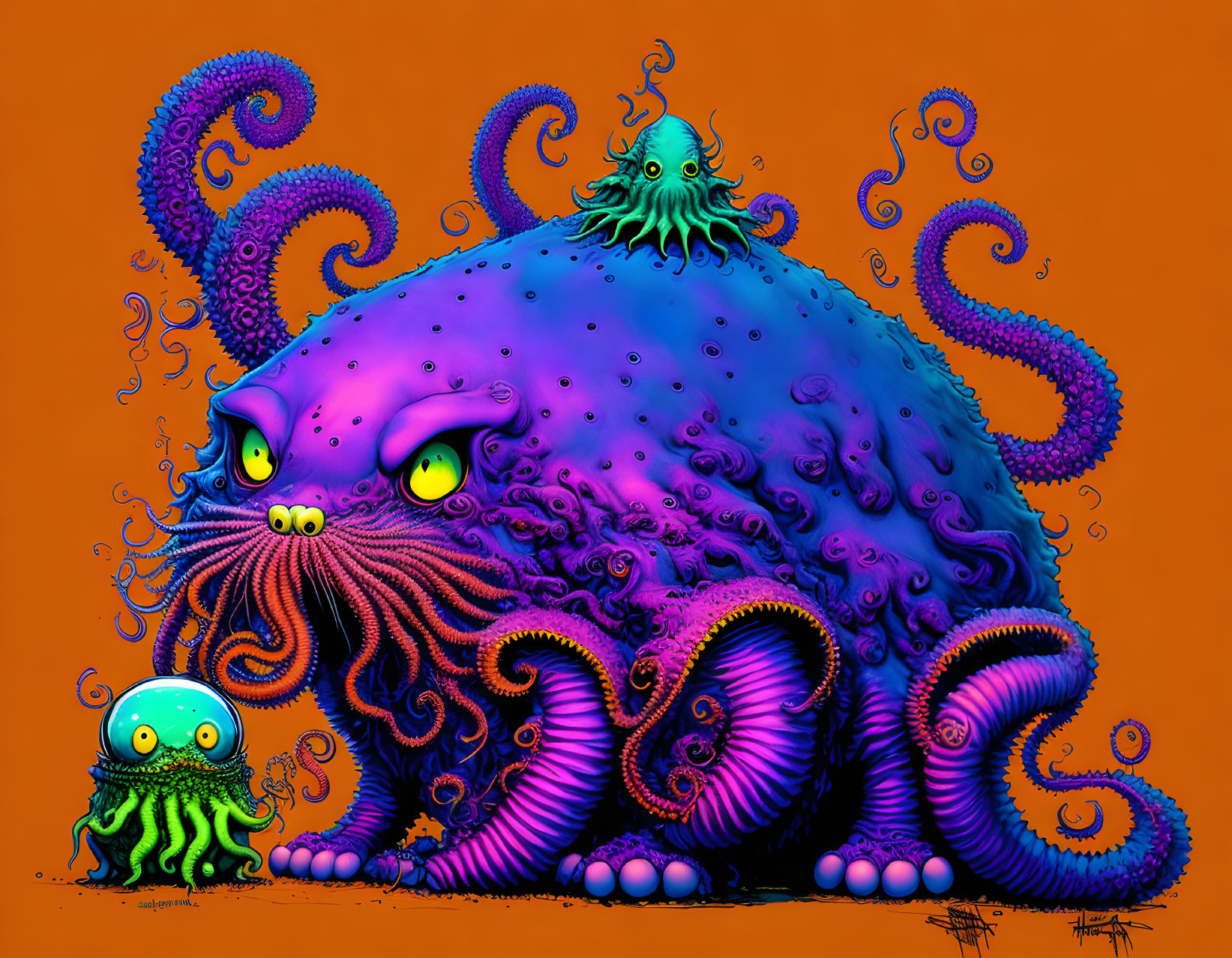 Colorful illustration: Large blue creature with purple tentacles, yellow eyes, and smaller green version on