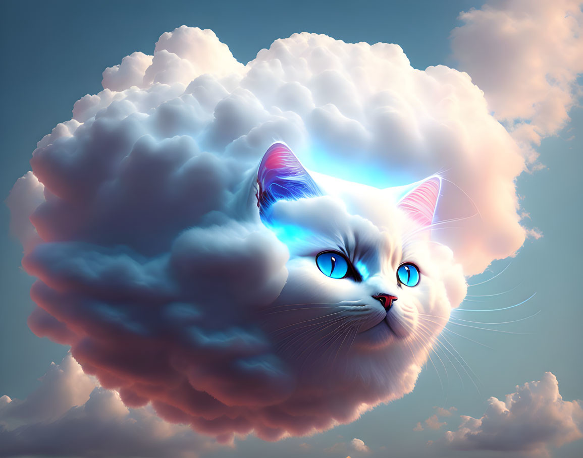 Fluffy white cat's face merged with a cloud on blue sky