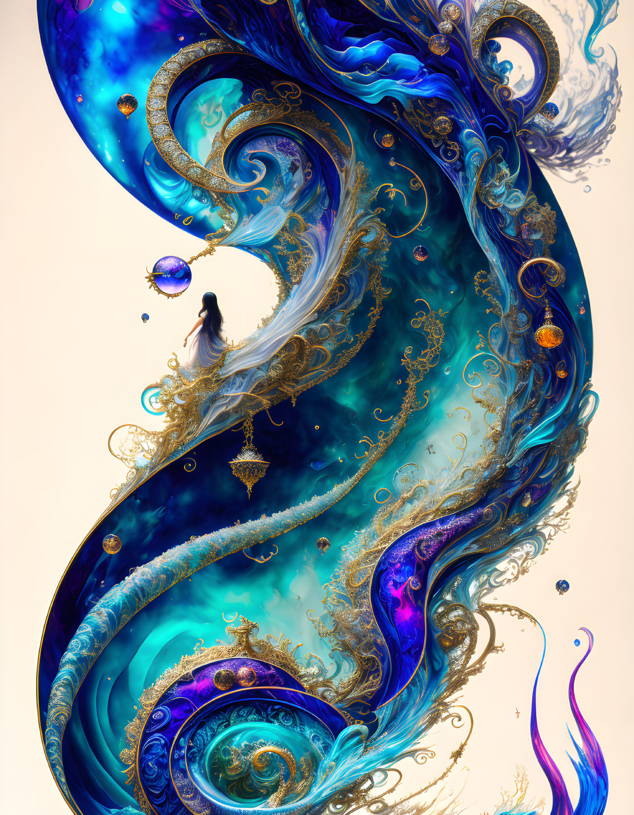 Vibrant surreal digital artwork with swirling cosmic pattern and floating orbs