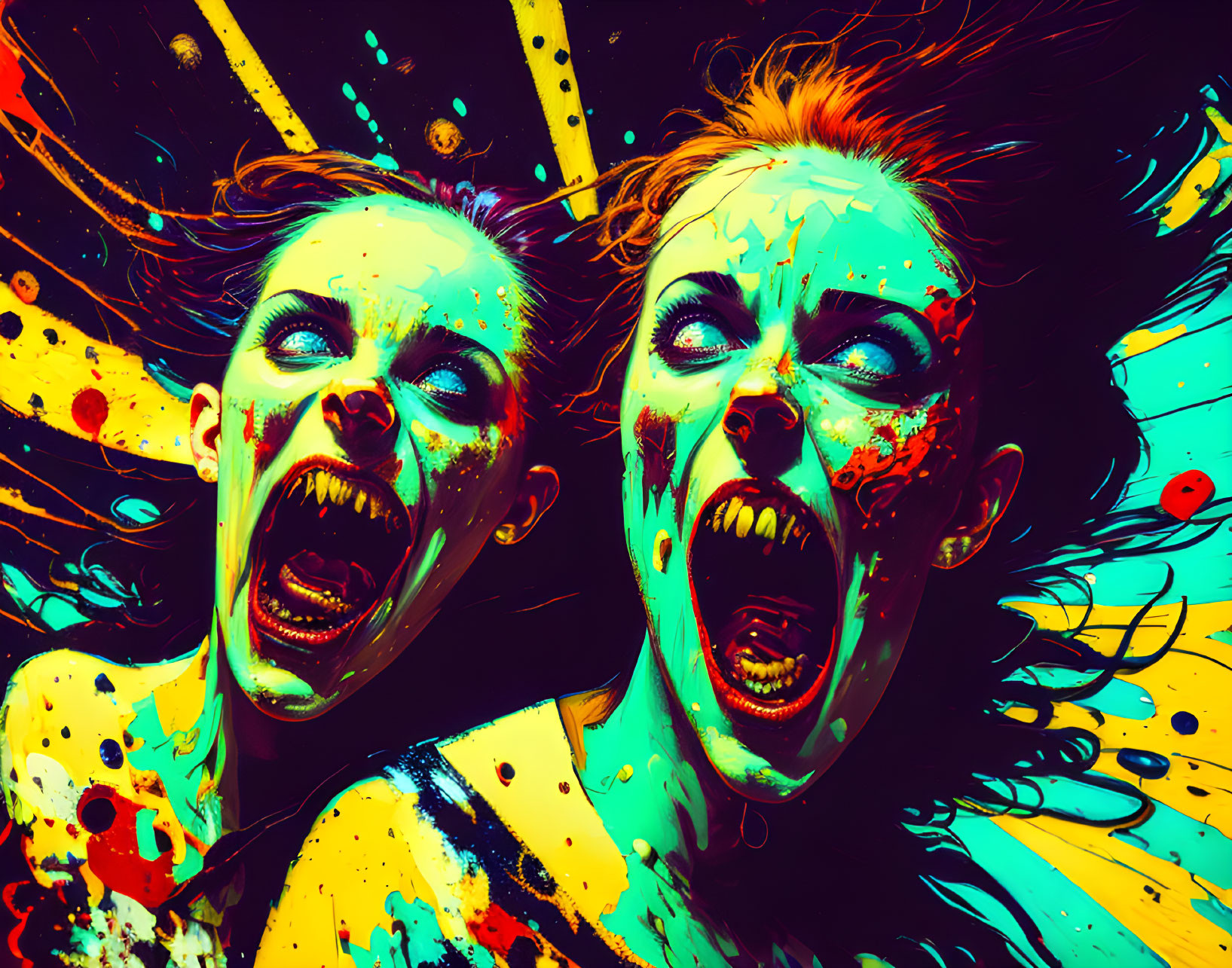 Two individuals covered in vibrant paint splatters screaming on colorful abstract backdrop