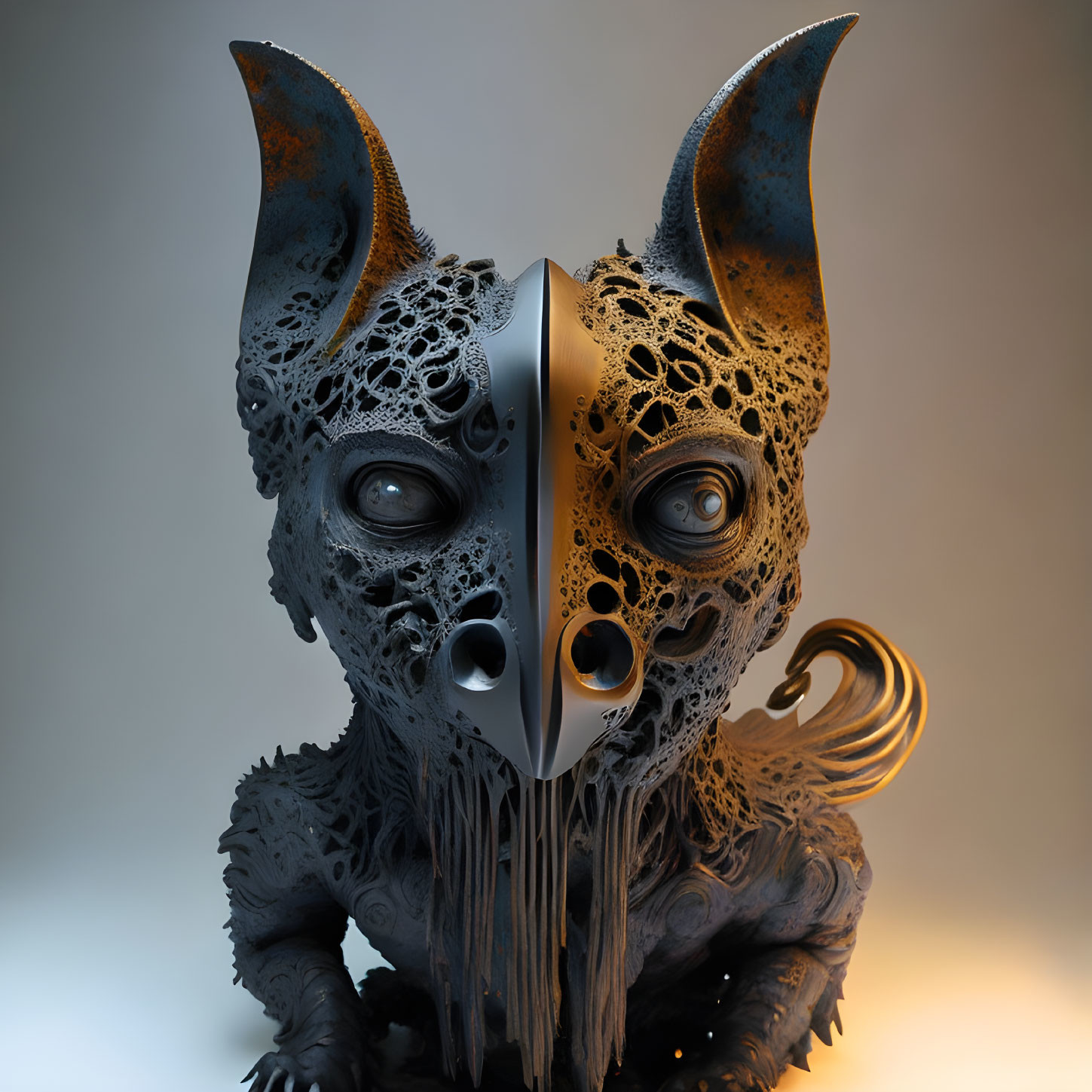 Surreal creature digital artwork with metallic mask and lace-like texture