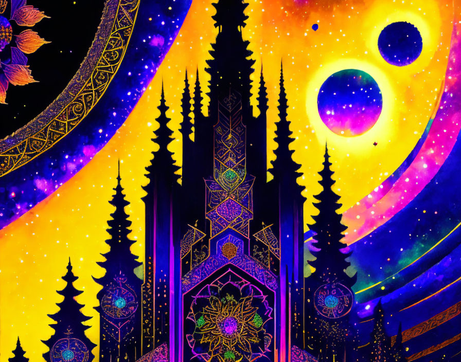 Colorful psychedelic artwork: neon trees, intricate patterns, celestial background.