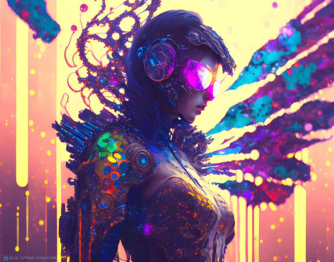 Cybernetic female with mechanical details and neon backdrop