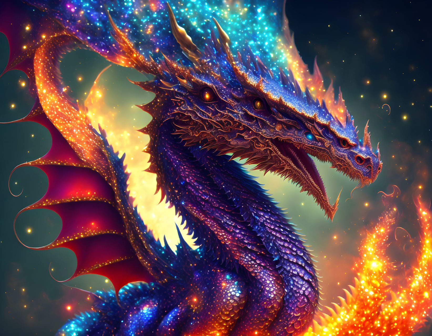 Majestic multi-headed dragon with shimmering scales against starry backdrop