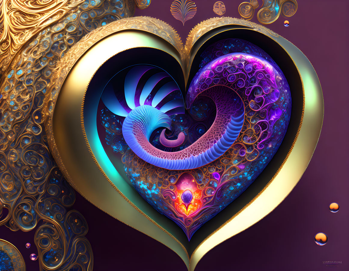 Colorful Heart-Shaped Fractal Art in Gold, Purple, and Blue