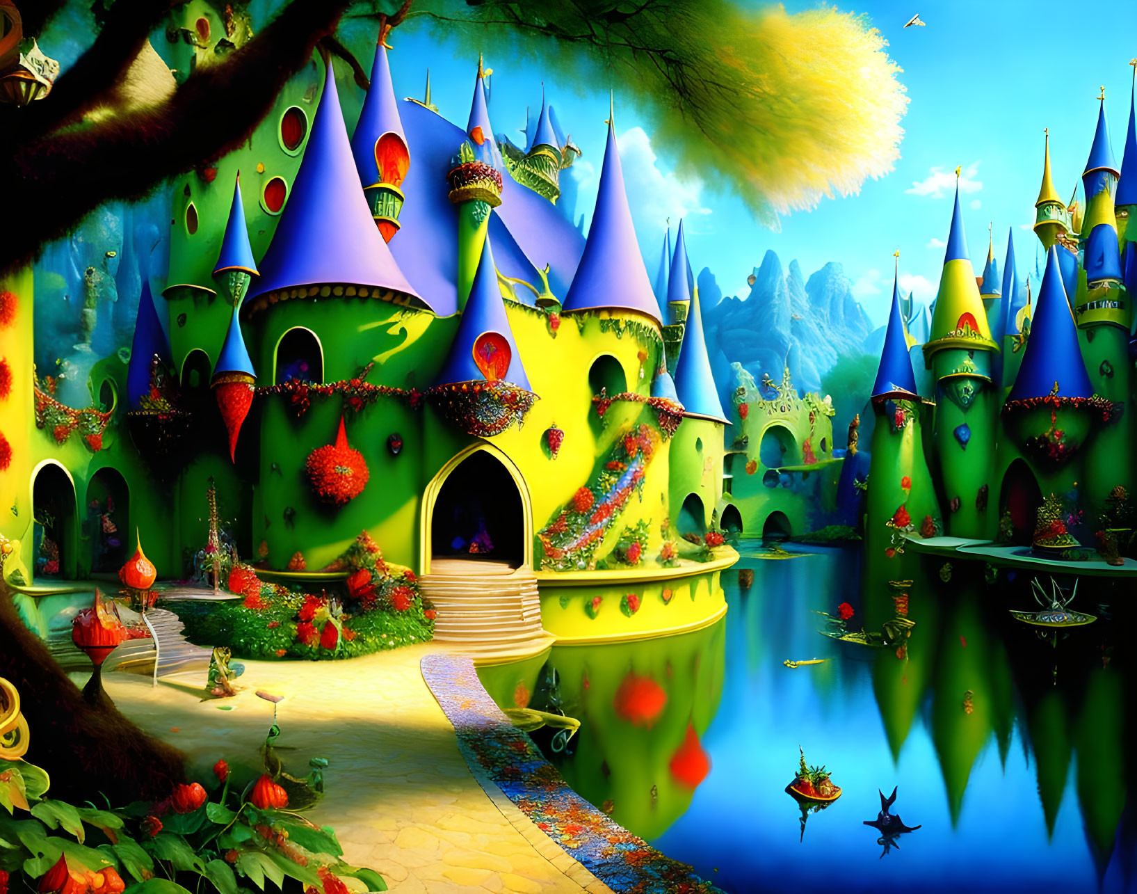 Colorful Whimsical Castles in Fantasy Landscape with Serene Lake