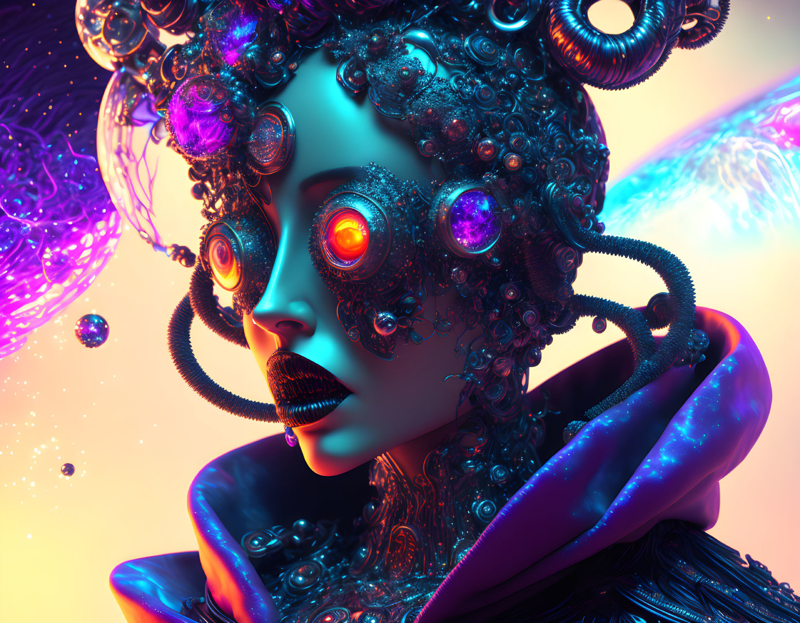 Cosmic-themed digital artwork of a woman with glowing orange eyes