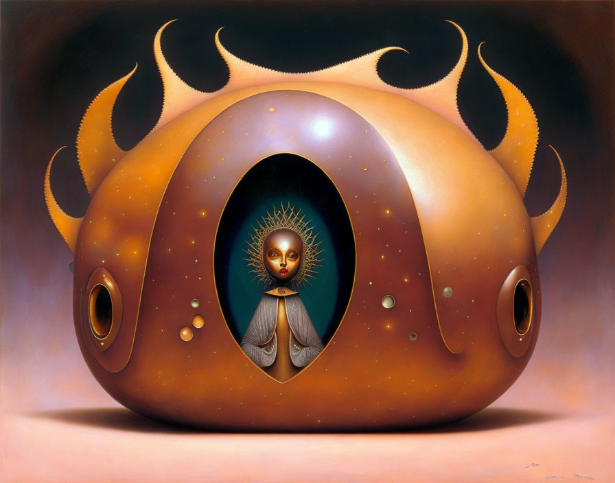 Surreal painting: Egg-shaped structure with flame-like patterns and humanoid figure with sun-like halo