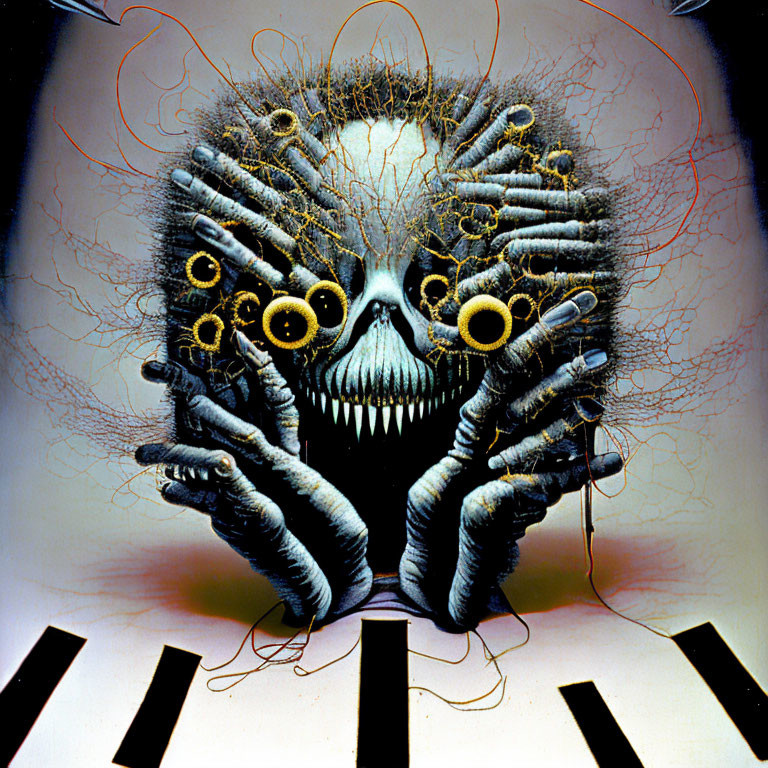 Abstract art: Creature with multiple eyes, sharp teeth, and hair-like tendrils on piano keys backdrop