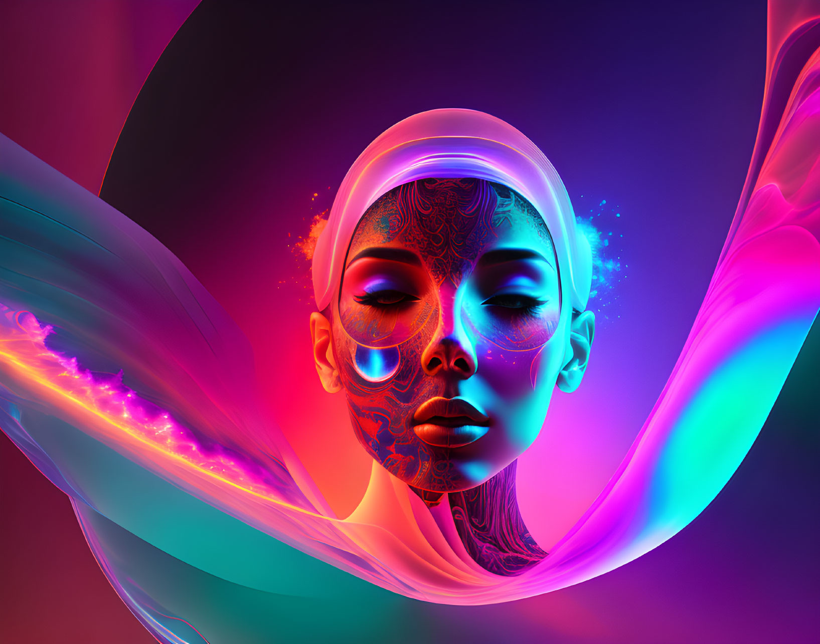 Colorful digital artwork of woman's face with neon colors and intricate patterns on abstract background.