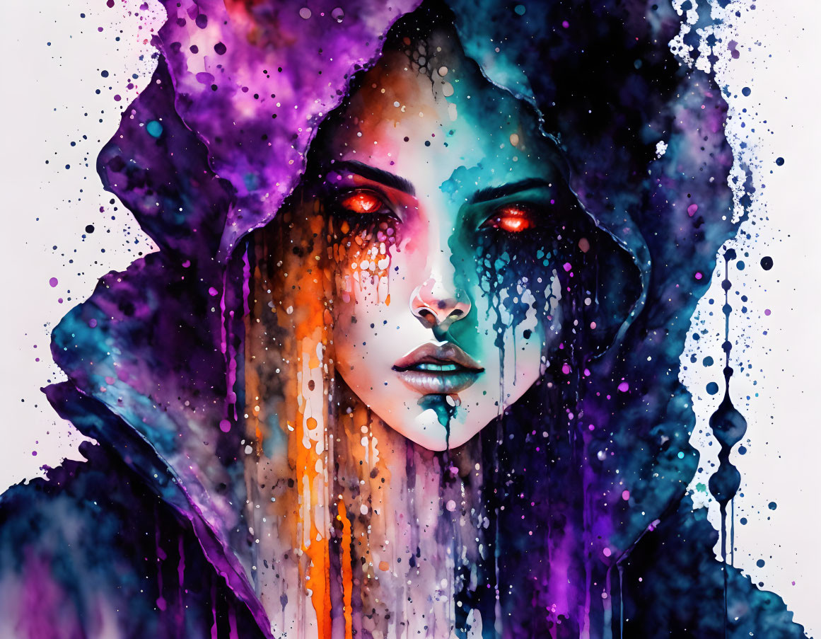 Mysterious woman with red eyes in vibrant watercolor portrait