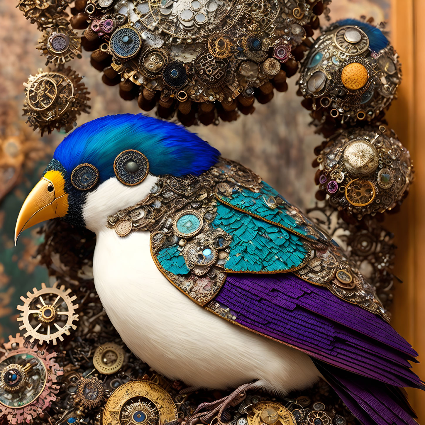 Colorful Steampunk Bird with Real and Decorative Elements