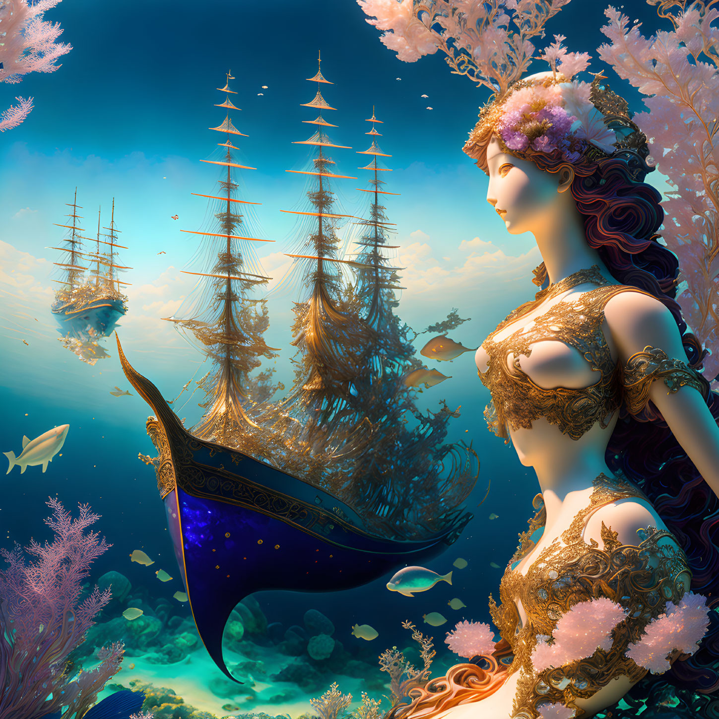 Woman in ornate golden attire in underwater scene with ships, coral, and fish