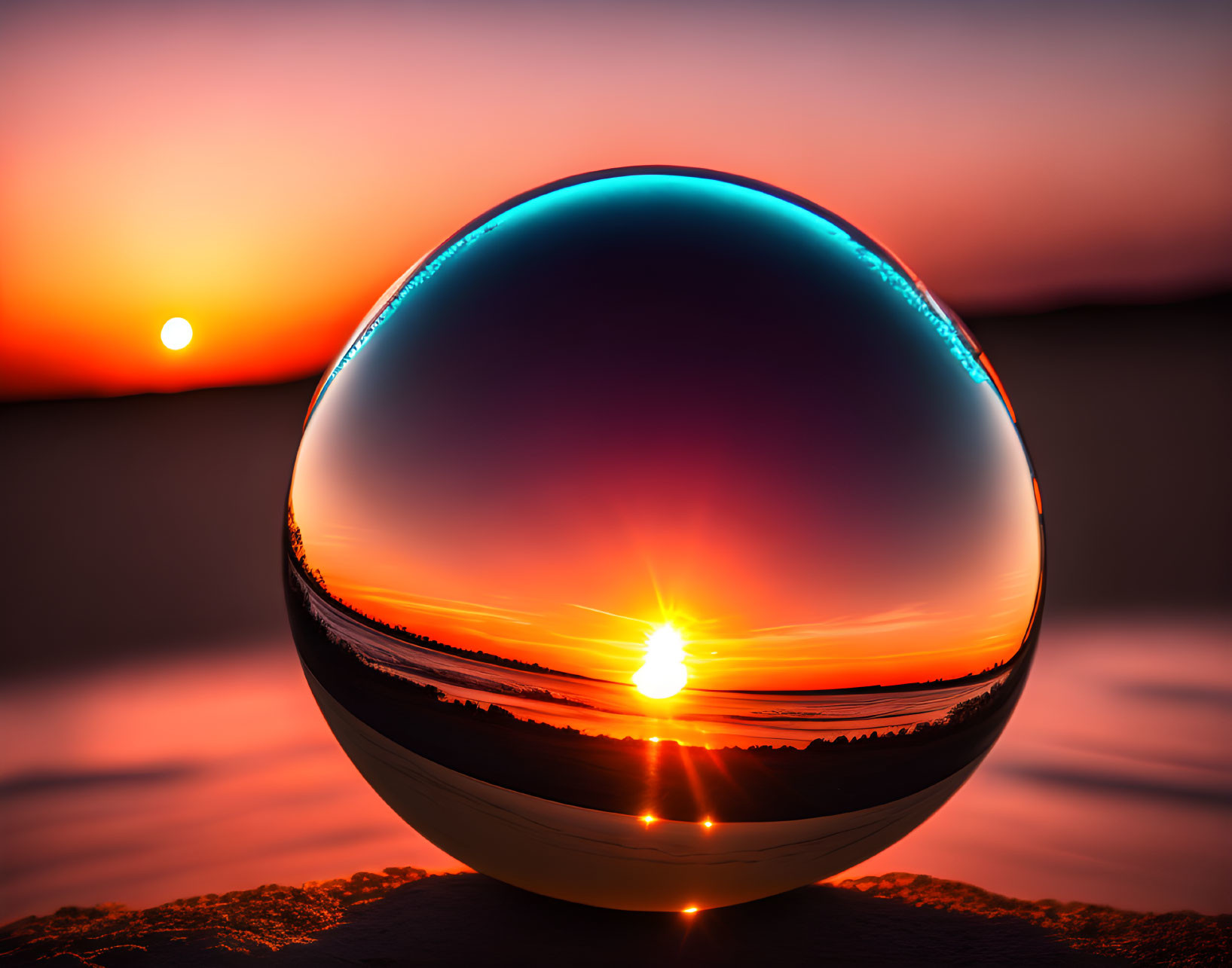 Vibrant sunset reflected in crystal ball with orange and blue hues