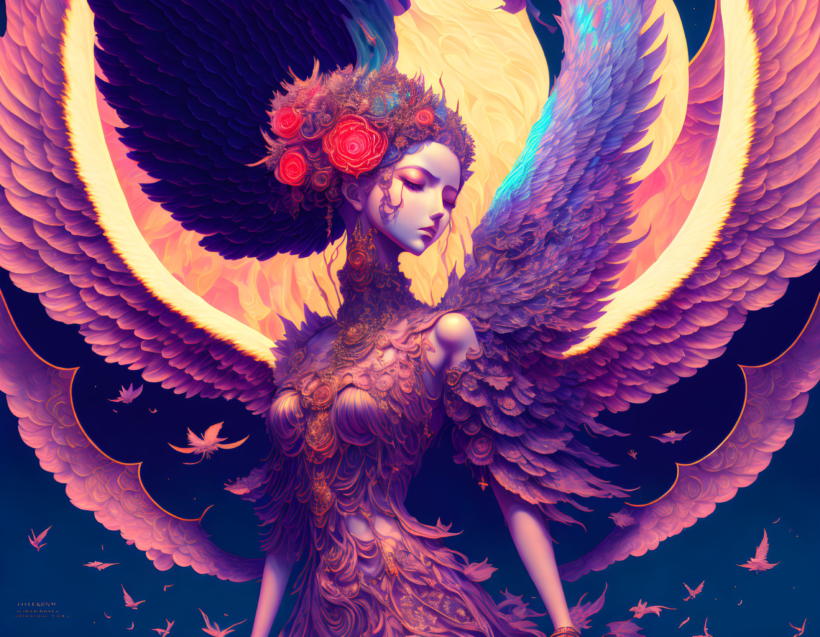 Vibrant digital artwork of stylized woman with angelic wings surrounded by birds