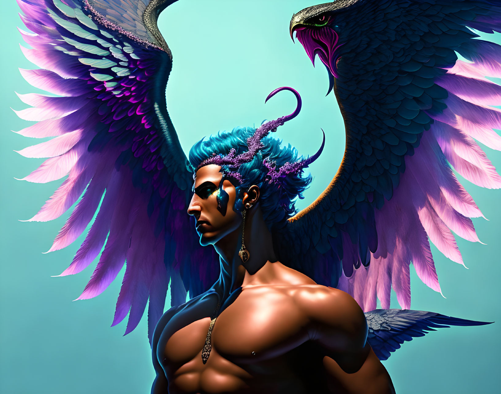 Blue-skinned fantastical being with purple wings and feathered head crest on teal background