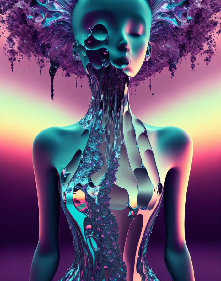 Colorful digital artwork: figure with melting form on pastel sunset background