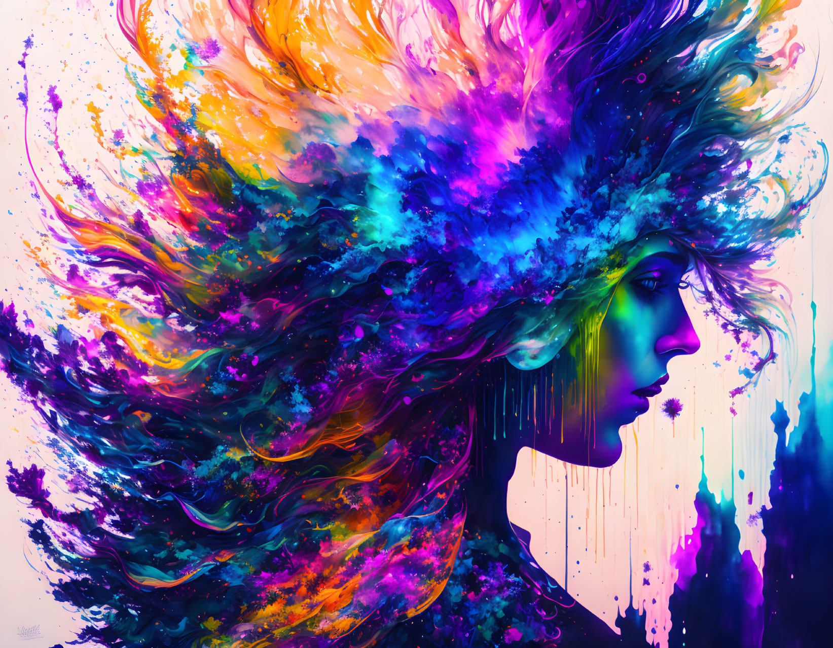 Colorful Profile Artwork with Explosive Paint Splashes Hair