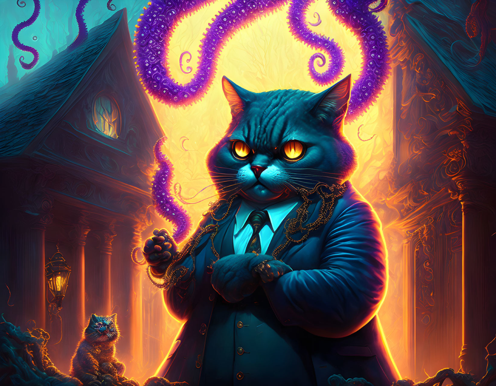 Anthropomorphic cat in suit summons glowing purple tentacles in mysterious mansion setting