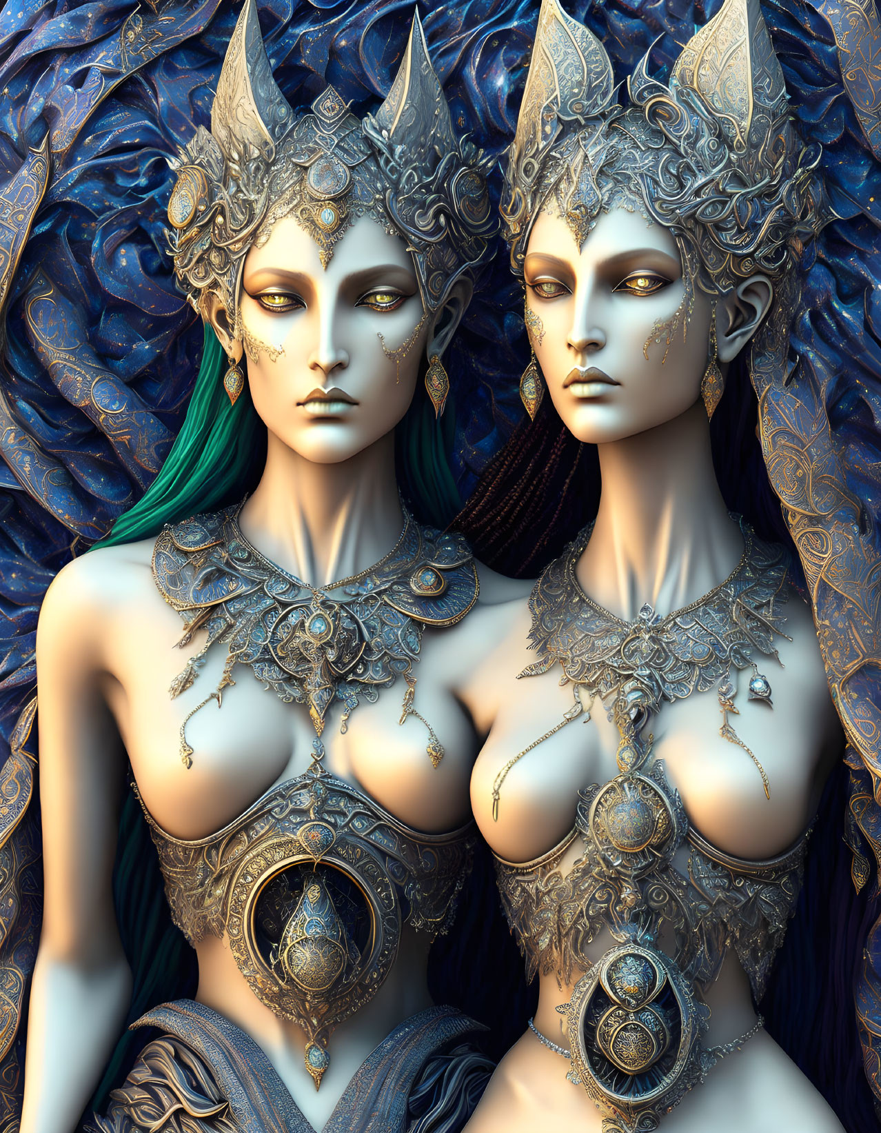 Blue-skinned fantasy figures with ornate silver headpieces side by side.