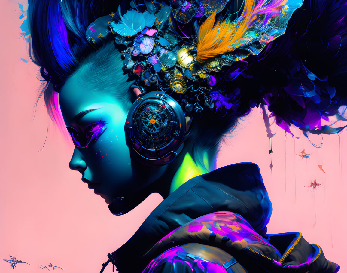 Colorful Cyberpunk Digital Art with Flowers and Feathers on Pink Background