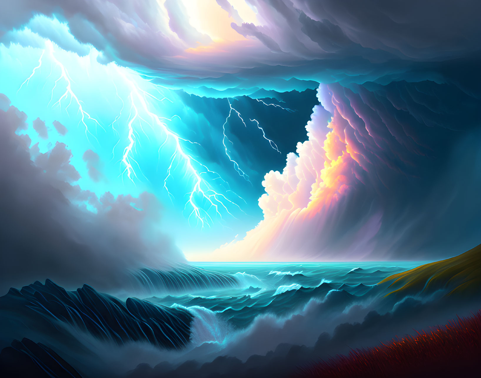 Dramatic seascape with lightning streaks and storm clouds