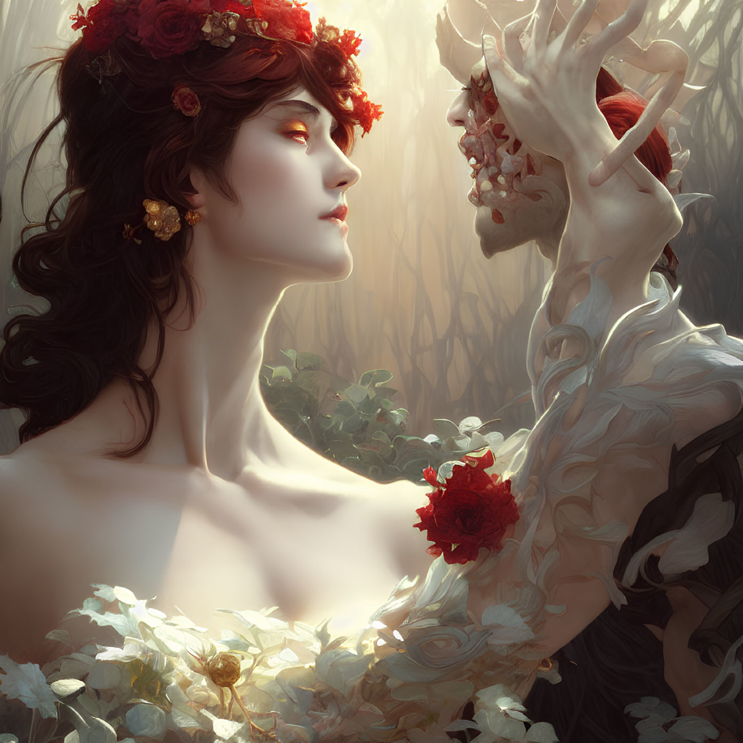 Woman with floral crown touching skeletal figure in misty backdrop.