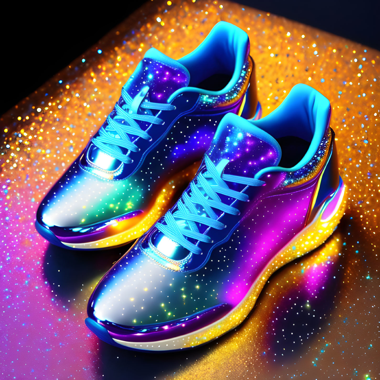 Galaxy-themed Sneakers with Glossy Finish and Neon Accents