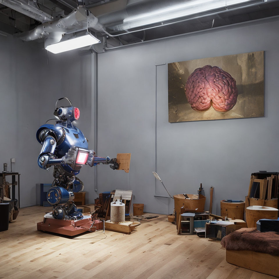 Robot with multiple appendages in artist's studio with brain painting