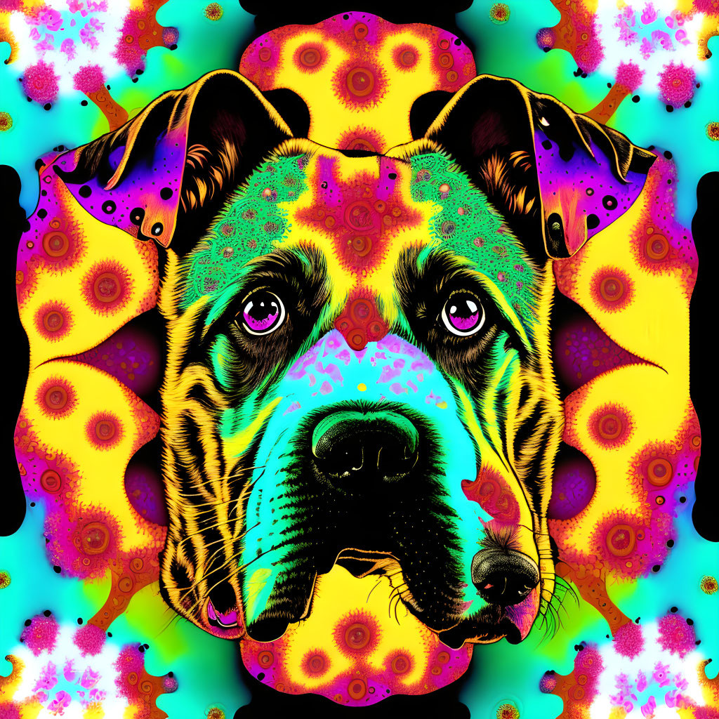 Colorful Psychedelic Dog Artwork with Kaleidoscope Patterns