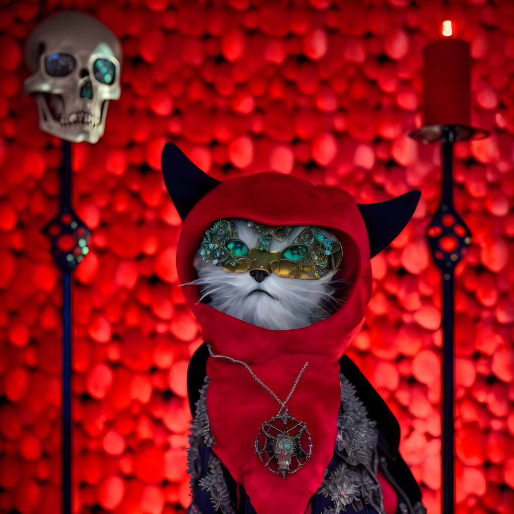 Fantasy Costume Cat with Hood, Cloak, Goggles, Skull, and Candle