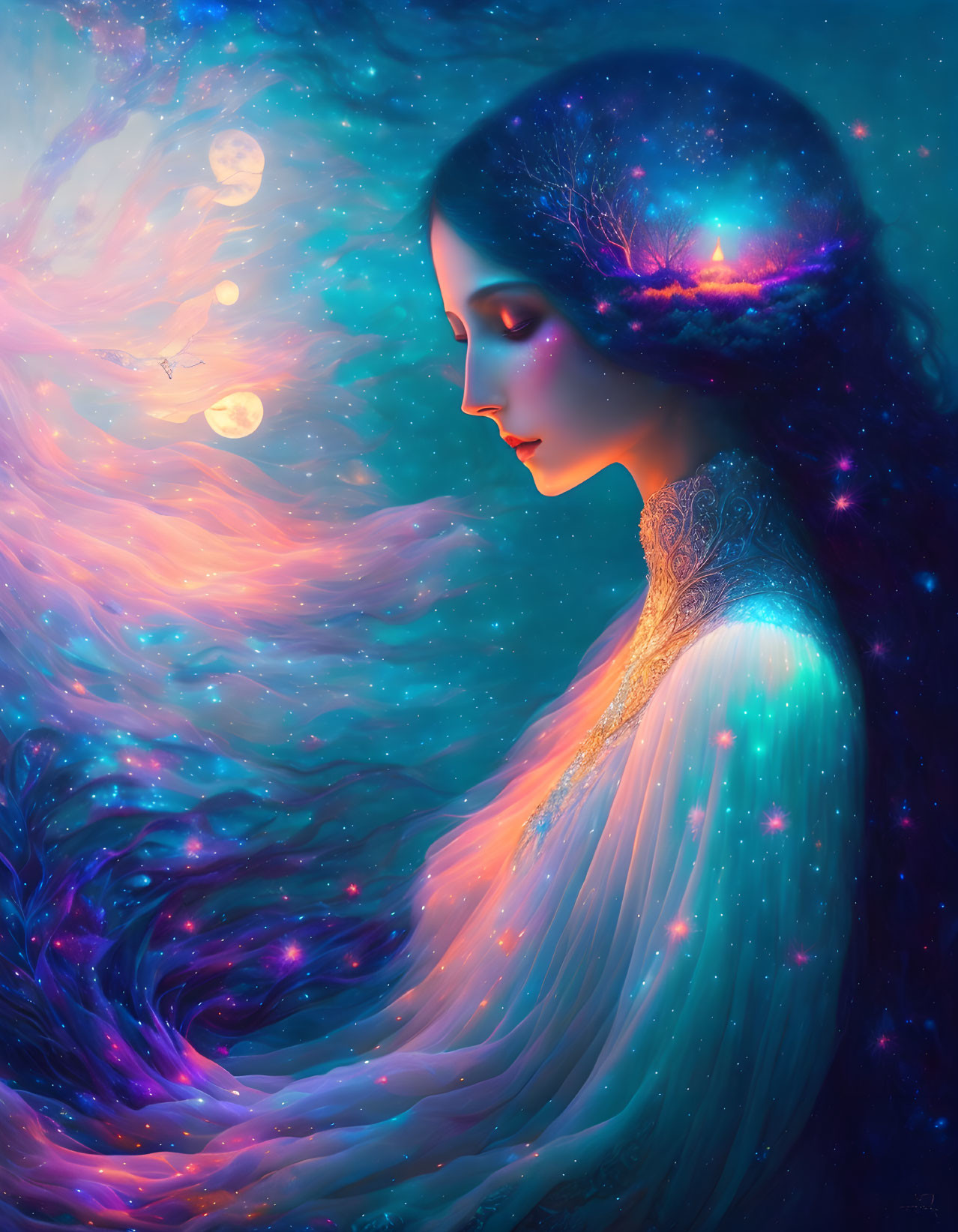 Vibrant surreal portrait of a woman merging with cosmic elements