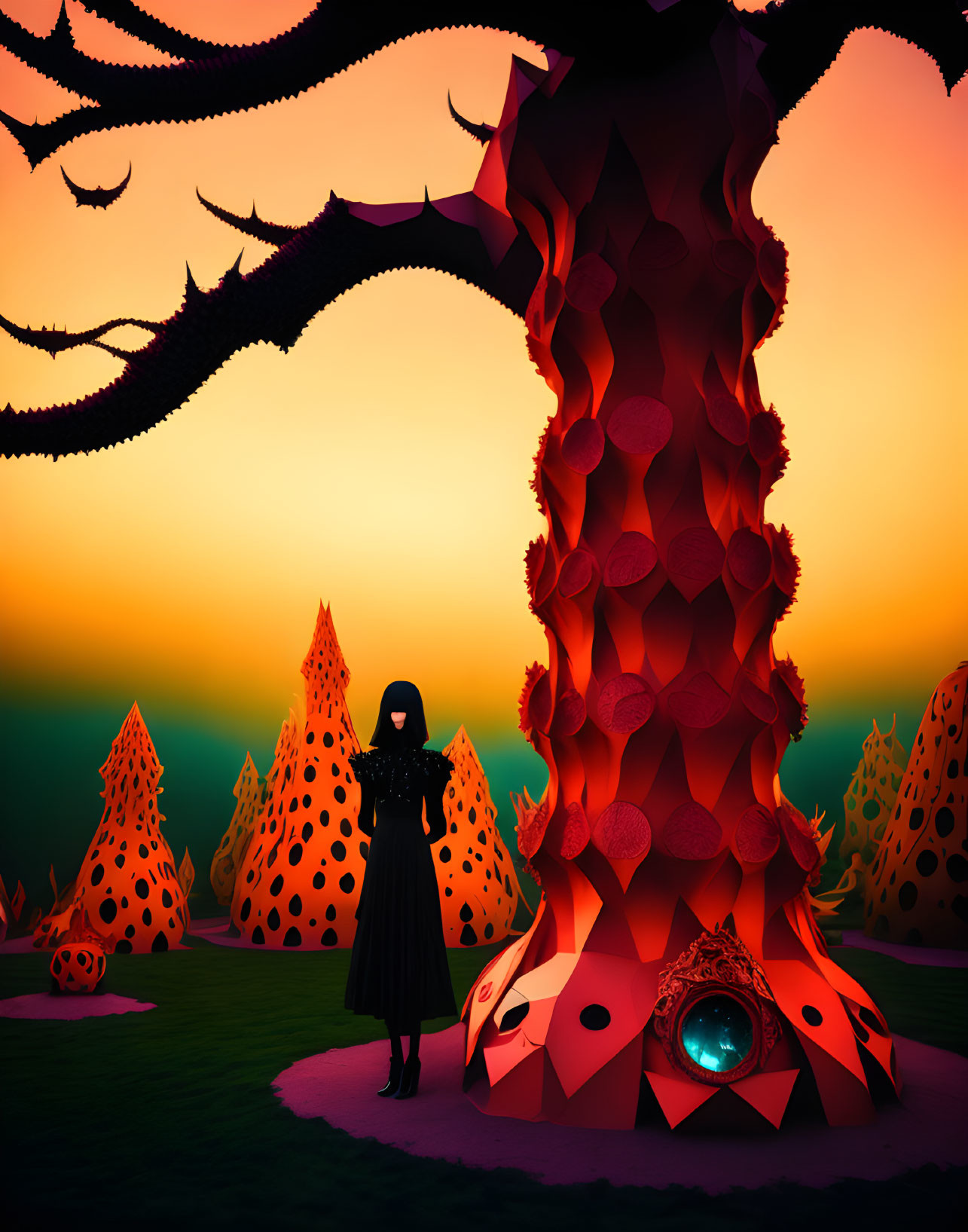 Surreal sunset landscape with cloaked figure and eye-patterned tree