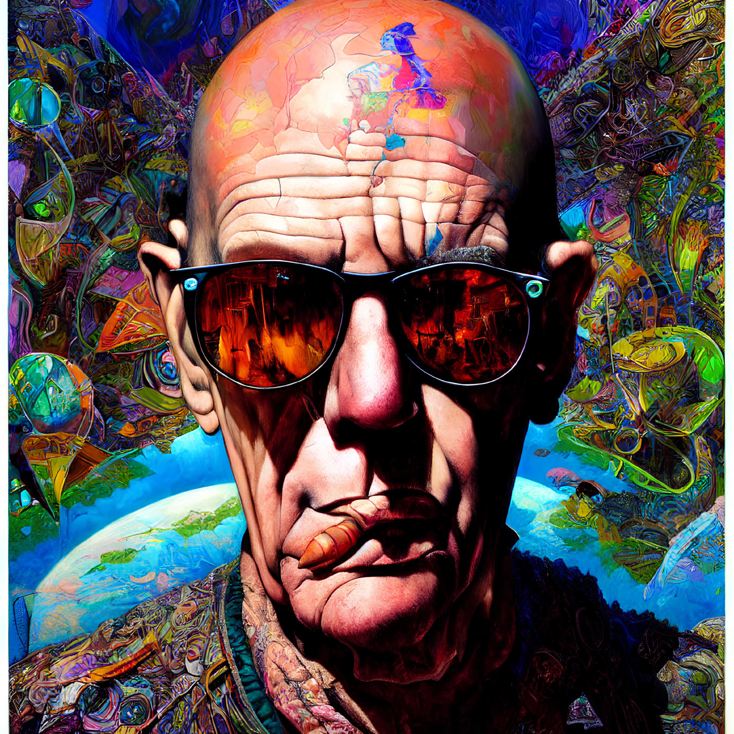 Colorful Psychedelic Bald Man Portrait with Reflective Sunglasses